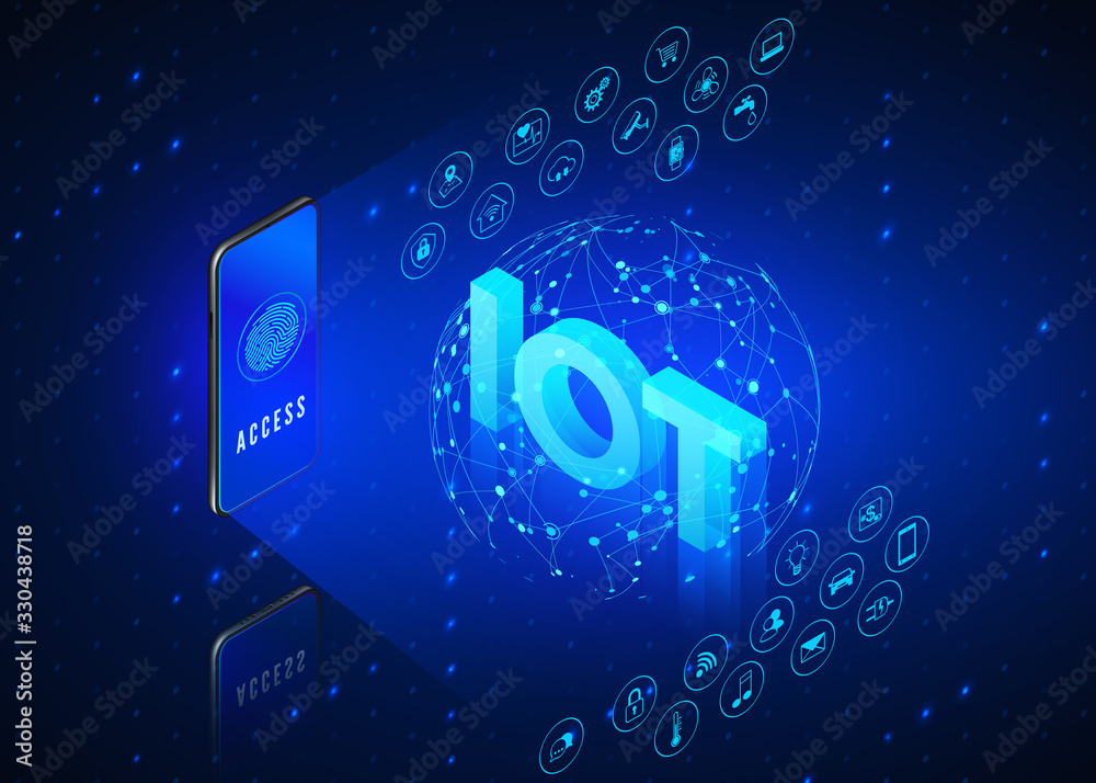 Poster iot concept. internet of things. mobile phone monitoring and controls all smart system in house. glo