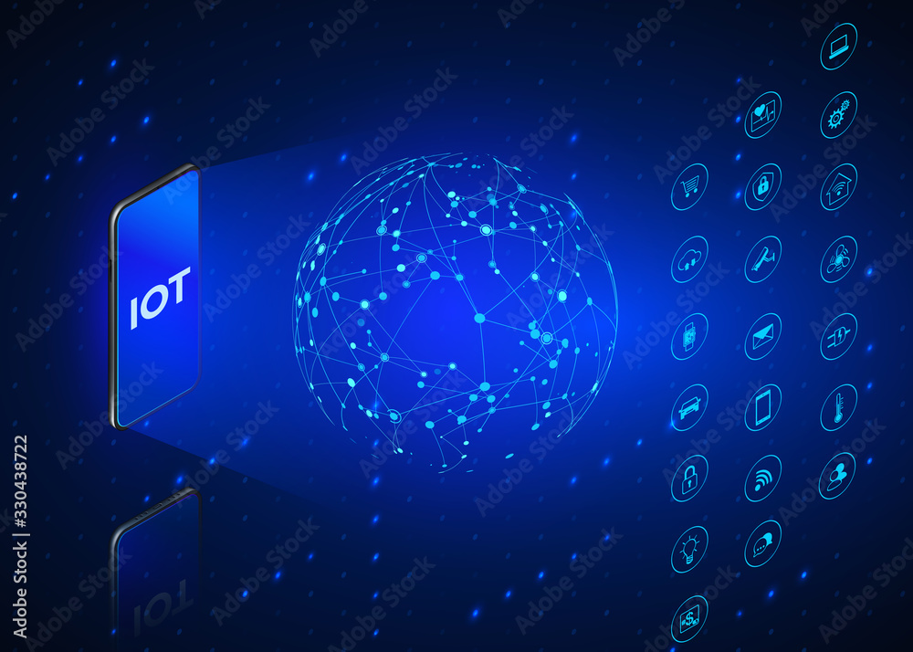 Poster iot. internet of things isometric icons set. monitoring and control all digital systems using mobile