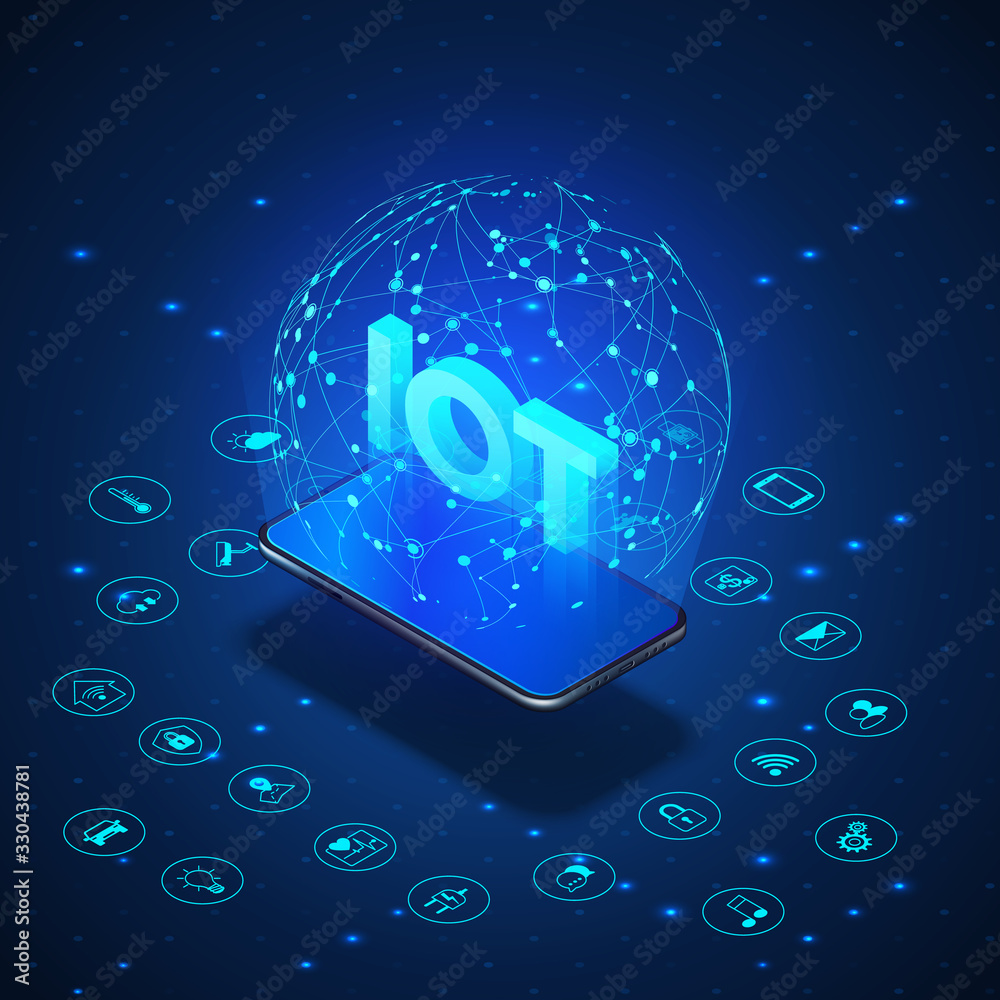 Poster iot concept. internet of things. mobile phone monitoring and controls all smart system in house in b