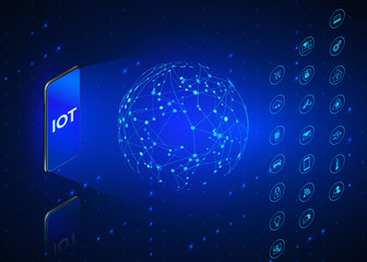 IOT. Internet of Things isometric icons set. Monitoring and control all digital systems using mobile phone. Technology background in blue colors. Vector illustration
