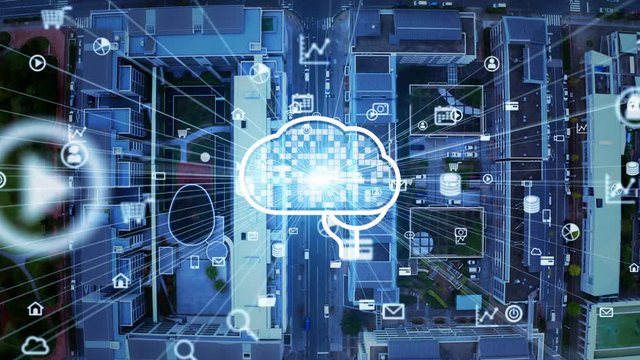 AI (Artificial Intelligence) concept. Communication network. Smart city.