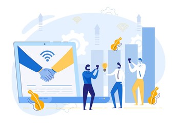 Handshake on Laptop Monitor and Business People Cartoon Characters Rejoice in Bargain, Successful Deal, Cooperation Agreement. Partnership Contract and Team Working. Trendy FLat Vector Illustration.