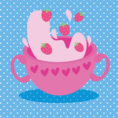 cute kawaii postcard with strawberry juice in cup