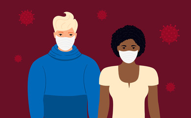 Coronavirus. Novel virus 2019-nCoV. Concept of quarantine, prevent infection. Man and woman in protective medical face masks.