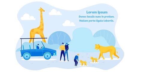 Africa Wildlife and Nature Exploration Advert. Cartoon Family at Zoo. Father, Mother, Son Interacting with Lions. Car Safari Tour Announcement. Invitation to National Park. Vector Flat Illustration
