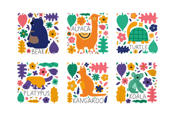 Hand drawn colorful animals collection with flowers and leaves. Cute kids style  template design on white background. Vector illustration