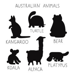Hand drawn silhouette animals collection with names. Kids style template design on white background. Vector illustration
