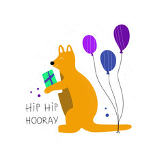 Hand drawn colorful kids birthday greeting card template. Cute kangaroo with balloons and text Hip hip horray. Flat vector illustration