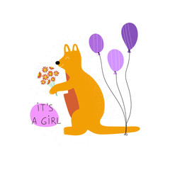 Hand drawn colorful baby shower greeting card template. Cute kangaroo with balloons, flowers and text It's a girl. Flat vector illustration