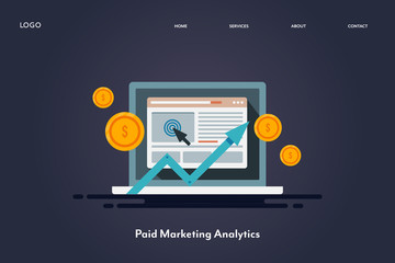 Paid marketing, digital advertising, kpi software to measure, manage and analyzing data for marketing, technology and internet, flat design web banner concept.
