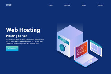 Web hosting, cloud computing, online server storage and database concept. 3d style isometric banner with text. Internet and technology concept.