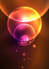 Glowing neon shiny transparent bubbles, glass circles or bio cell concept. Techno futuristic vector abstract background For Wallpaper, Banner, Background, Card, Book Illustration, landing page