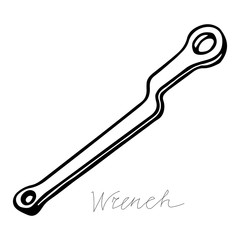 Hand-draw black vector illustration of metallic locksmith tool isolated on a white background with lettering wrench