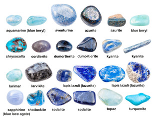 collage of various blue gemstones with names