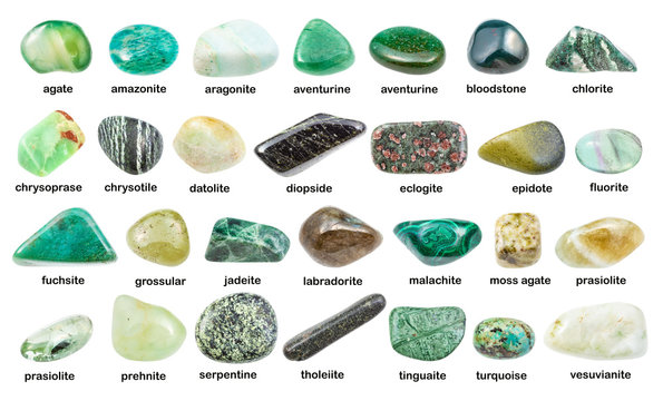 set of various green gemstones with names isolated
