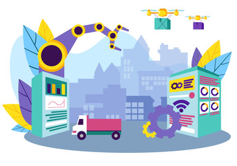 Automatic Cargo Load System. Computer Technology. Working Process. Automation and Technology. Vector Illustration. Delivery Cargo. Smart Idustry. Drone Delivery. Truck Background Industrial Enterprise