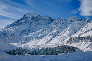 Fototapeta na wymiar Mount Cook and Hooker Glacier, end of Hooker Valley Track, Mount Cook National Park, New Zealand