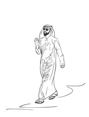 Sketch of muslim arabic man in traditional clothes, Hand drawn vector linear illustration