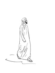 Obraz premium Sketch of muslim arabic man in traditional clothes, Hand drawn vector linear illustration