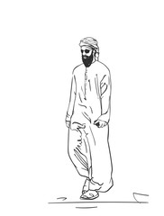 Sketch of muslim arabic man in traditional clothes, Hand drawn vector linear illustration