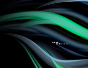 Silk smooth lines on black, liquid fluid color waves. Vector Illustration