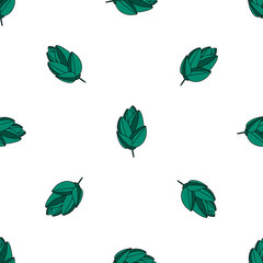Hand drawn engraving style Hops seamless pattern. Common hops or Humulus lupulus with cones. dark green flowers on a white background. vector flower background. for fabrics, branding design