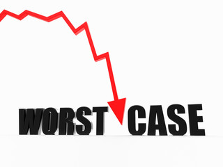 Worst Case text word and red crashing arrow, conceptual background 3D render