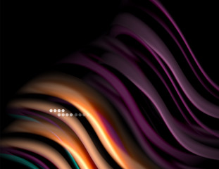 Silk smooth lines on black, liquid fluid color waves. Vector Illustration