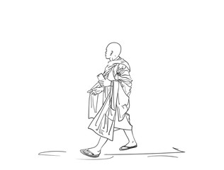 Sketch of walking buddhist monk with smart phone in hand, Hand drawn vector linear illustration isolated
