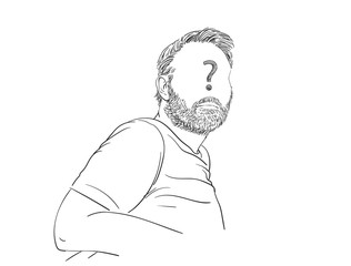 Vector sketch of man's portrait with question sign on empty face, Hand drawn illustration isolated