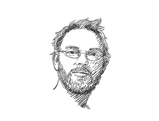 Portrait of unshaven man wearing eyeglasses, with shaggy hair and with satisfied enlightened look, Hand drawn vector sketch