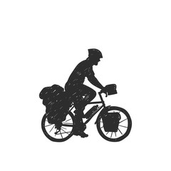 Traveling long distanse cyclist silhouette hand drawn vector isolated on white, Bikepacking