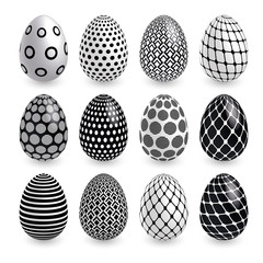 Black white Easter eggs wtth geometry patterns on white background. Vector set for holiday Easter card