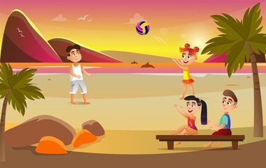 Beach Volleyball Competition near Sea Flat Cartoon Vector Illustration. Boy and Girl Playing Summer Ball Game. Seashore Sports Club Advertisement. Kids Cheer Players. Active Lifestyle.