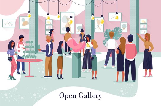Artistic Poster Advertising Open Gallery Event. Cartoon Male Female People Character and New Museum Viewing Exhibits, Artworks and Paintings. Artist and Visitors Celebrate Opening. Vector Illustration