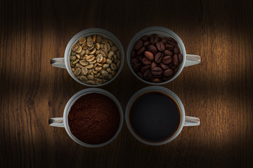 Obraz na płótnie Canvas Four cups of natural, roasted, ground, and liquid coffee