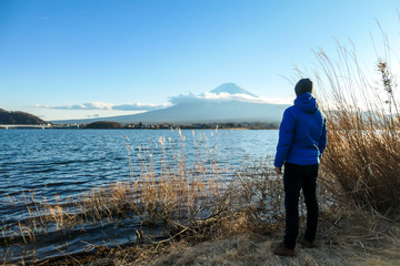 A man walking in between golden grass at the shore of Kawaguchiko Lake, Japan with the view on Mt Fuji. The man is enjoying the view on the volcano. The mountain surrounded by clouds. Serenity