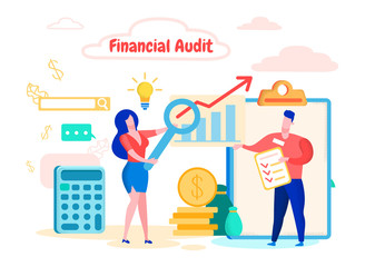 Woman with Magnifier Keeps Track Financial Growth. Financial Audit. Profit Increase Statistics. Study Graphics. Working Together Teamwork in Team Auditors. Vector illustration. Analysis and Statistics