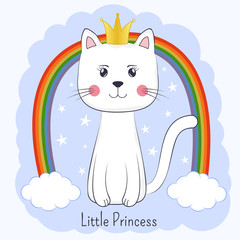 Cute cartoon cat princess and rainbow. Pretty kitty with crown.