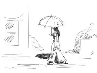 Sketch of walking girl with sun umbrella, back view, Hand drawn vector illustration
