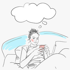 Girl is sitting in bed with smartphone and dreaming, Thought bubble over her head. Vector sketch, Hand drawn illustration