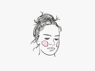 Sketch of girl's head with pink cheeks, serious eyes looking down, Hand drawn vector illustration