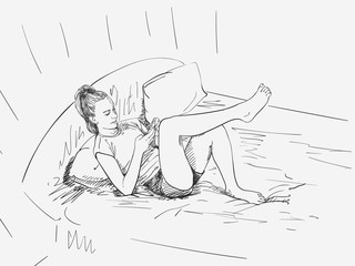 Vector sketch of young girl in bed using smartphone, Hand drawn illustration