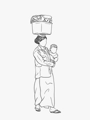 Burmese woman with baby in arms and with no face is carrying big box on her head, Vector sketch, Hand drawn linear illustration