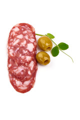 Sliced Italian sausage. Tasty dried sausage, isolated on white background