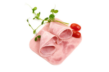 Sliced boiled ham sausage, isolated on white background