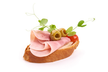 Boiled ham sausage sandwich, isolated on white background