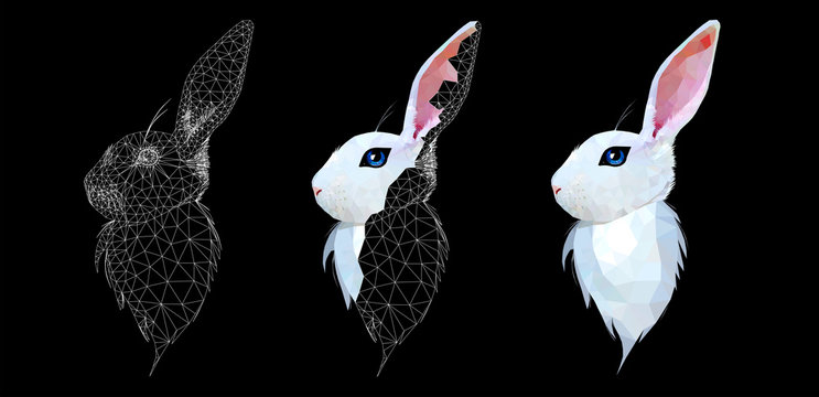 White Bunny Profile Low Poly Triangular Vector Illustration Isolated On Black. Polygonal Style Trendy Modern Logo Business Design Template For  Easter Invitations And Greetings.