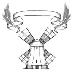 Windmill logo - vector illustration. Bakery emblem design on white background, hand draw
