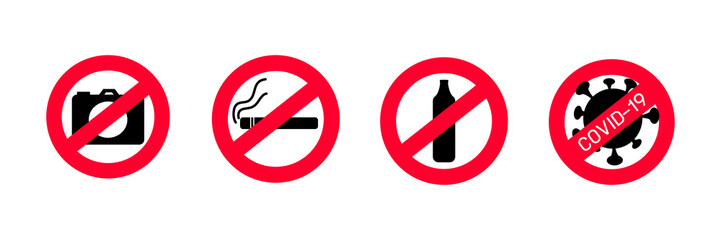 Icon for no photo, no smoking, no food and drink and no covid-19 virus on white background 